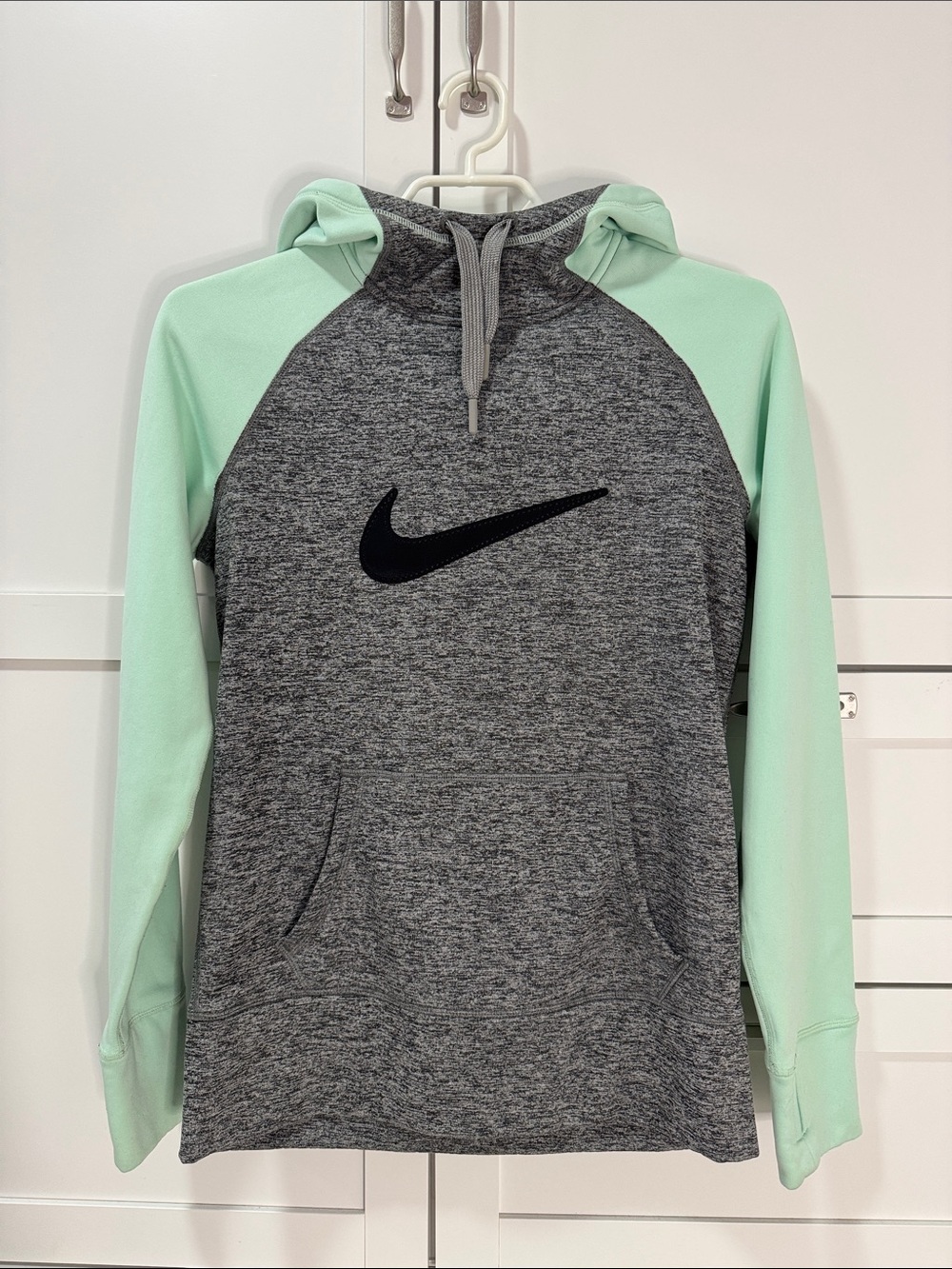 Nike Gray Hoodie with Mint Green Raglan Sleeves and Black Swoosh